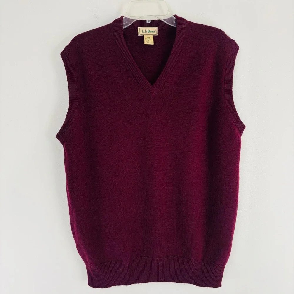 Vtg. LL Bean Men Large Tall Lambswool Sweater Vest Burgundy V-Neck Scotland Made